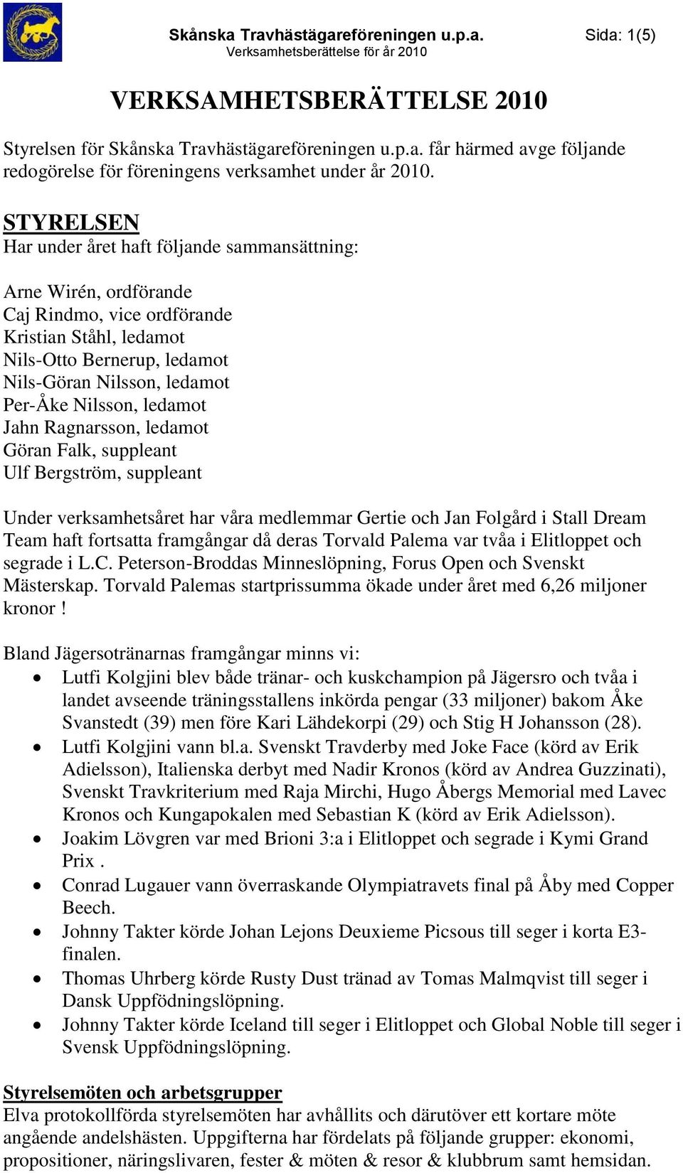 Nilsson, ledamot Jahn Ragnarsson, ledamot Göran Falk, suppleant Ulf Bergström, suppleant Under verksamhetsåret har våra medlemmar Gertie och Jan Folgård i Stall Dream Team haft fortsatta framgångar