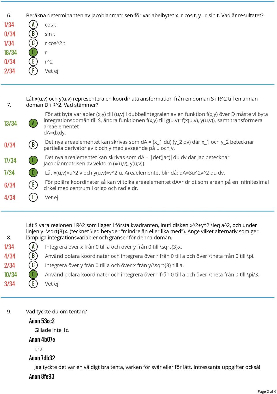 För att byta variabler (x,y) till (u,v) i dubbelintegralen av en funktion f(x,y) över D måste vi byta integrationsdomän till S, ändra funktionen f(x,y) till g(u,v)=f(x(u,v), y(u,v)), samt