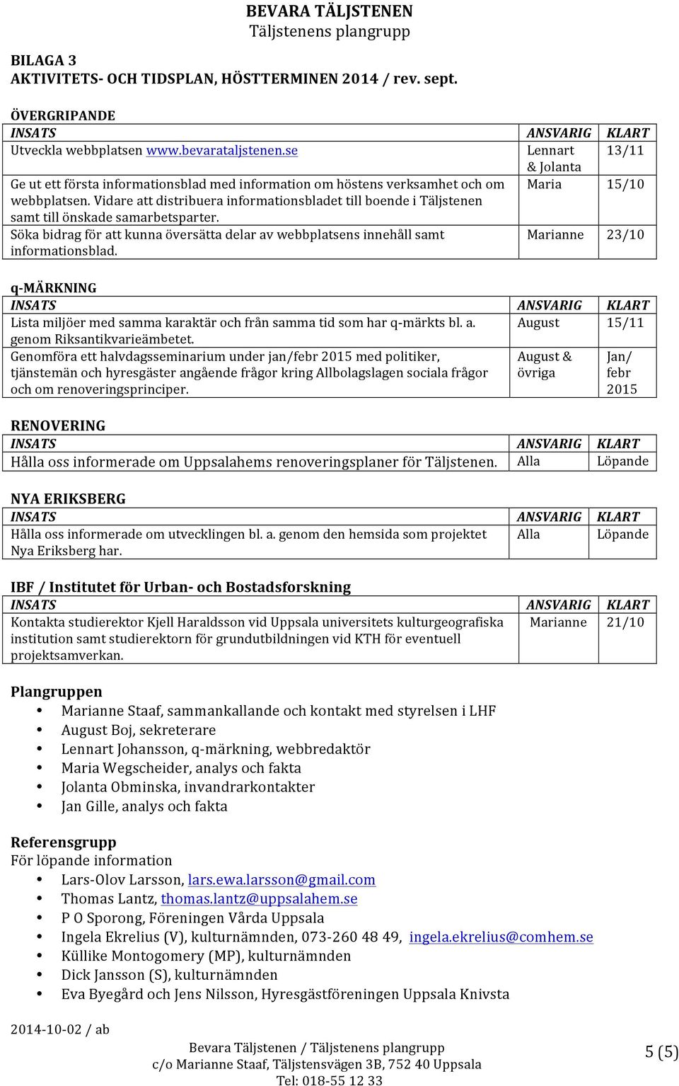 Vidare att distribuera informationsbladet till boende i Täljstenen samt till önskade samarbetsparter. Söka bidrag för att kunna översätta delar av webbplatsens innehåll samt informationsblad.