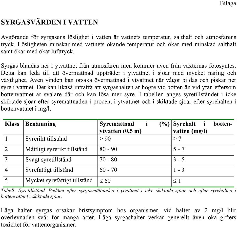 Detta kan leda till att övermättnad uppträder i ytvattnet i sjöar med mycket näring och växtlighet. Även vinden kan orsaka övermättnad i ytvattnet när vågor bildas och piskar ner syre i vattnet.