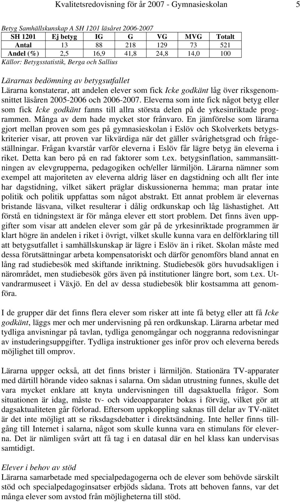 2006-2007. Eleverna som inte fick något betyg eller som fick Icke godkänt fanns till allra största delen på de yrkesinriktade programmen. Många av dem hade mycket stor frånvaro.