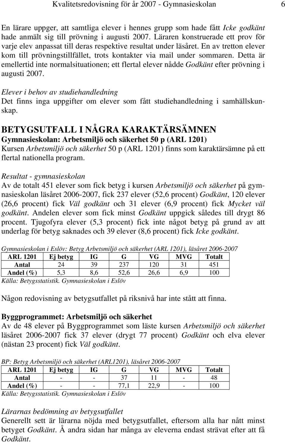 Detta är emellertid inte normalsituationen; ett flertal elever nådde Godkänt efter prövning i augusti 2007.