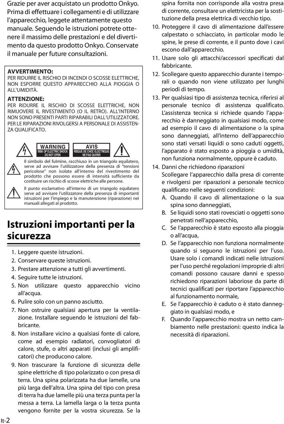 AVVERTIMENTO: PER RIDURRE IL RISCHIO DI INCENDI O SCOSSE ELETTRICHE, NON ESPORRE QUESTO APPARECCHIO ALLA PIOGGIA O ALL UMIDITÀ.