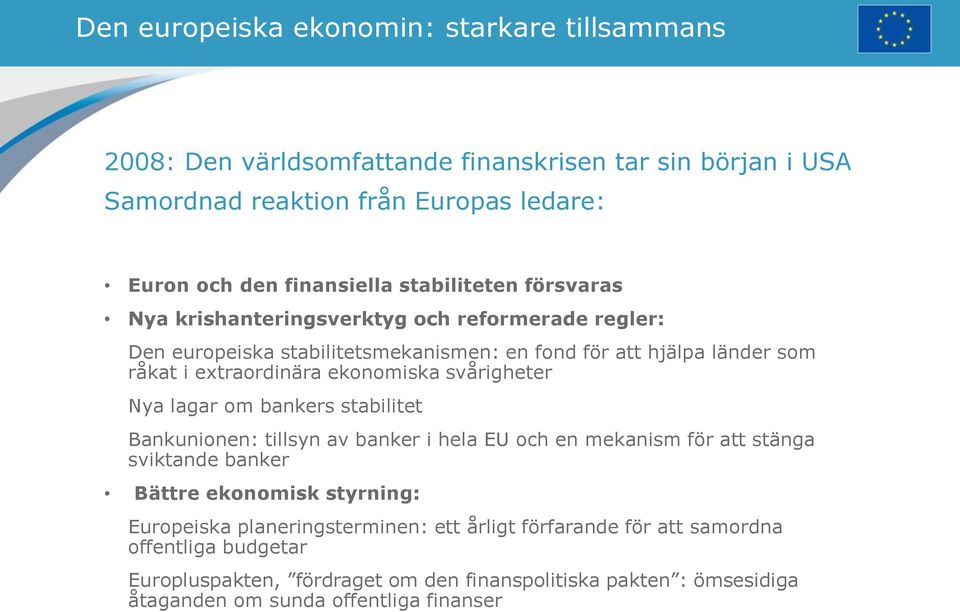 ekonomiska svårigheter Nya lagar om bankers stabilitet Bankunionen: tillsyn av banker i hela EU och en mekanism för att stänga sviktande banker Bättre ekonomisk styrning: