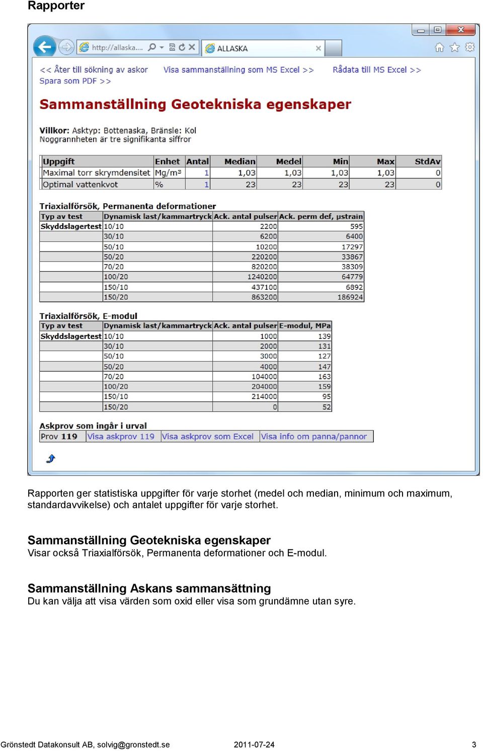 Sammanställning Geotekniska egenskaper Visar också Triaxialförsök, Permanenta deformationer och E-modul.