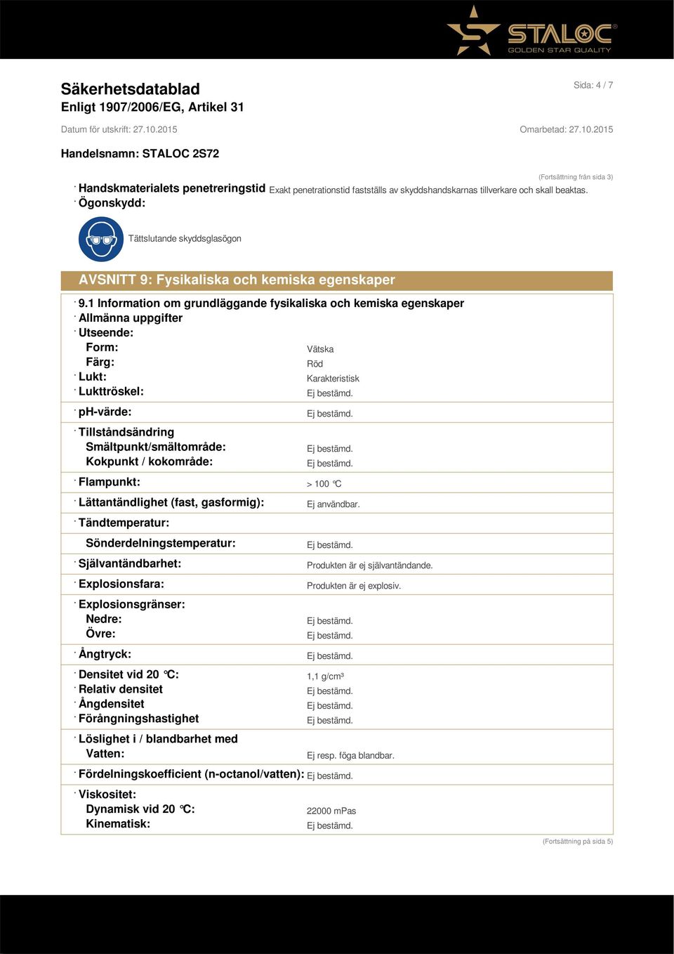 1 Information om grundläggande fysikaliska och kemiska egenskaper Allmänna uppgifter Utseende: Form: Färg: Vätska Röd Lukt: Karakteristisk Lukttröskel: ph-värde: Tillståndsändring