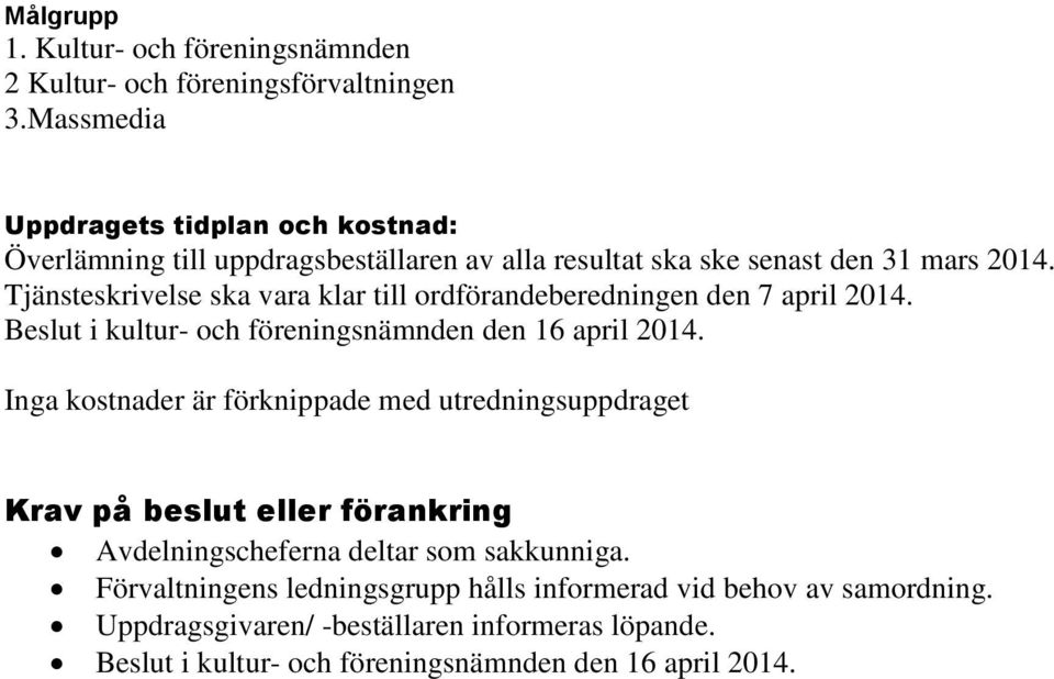 Tjänsteskrivelse ska vara klar till ordförandeberedningen den 7 april 2014. Beslut i kultur- och föreningsnämnden den 16 april 2014.