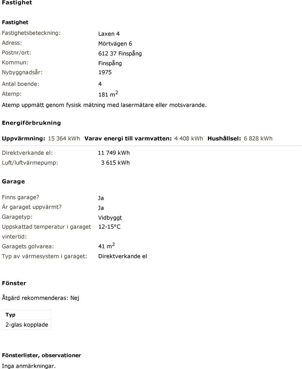 Energiförbrukning Uppvärmning: 15 364 kwh Varav energi till varmvatten: 4 408 kwh Hushållsel: 6 828 kwh Direktverkande el: Luft/luftvärmepump: 11 749 kwh 3 615 kwh Garage