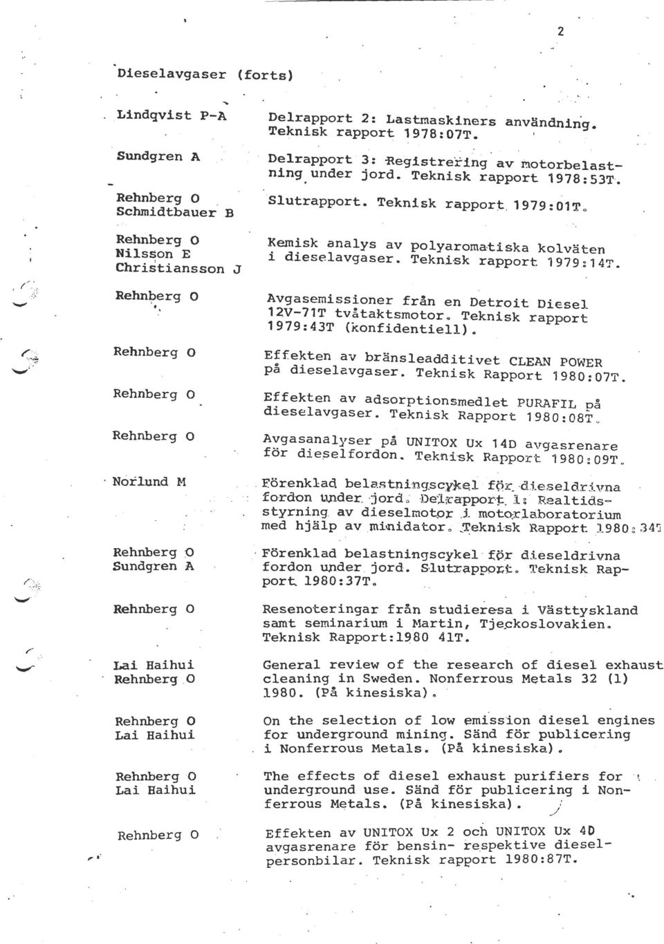 Teknisk rapport 1979:14T. Avgasemissioner från en Detroit Diesel 12V-71T tvåtaktsrnotoro Teknisk rapport 1979:43T (konfidentiell). Effekten av bränsleadditivet CLEAN POWER på dieselavgaser.