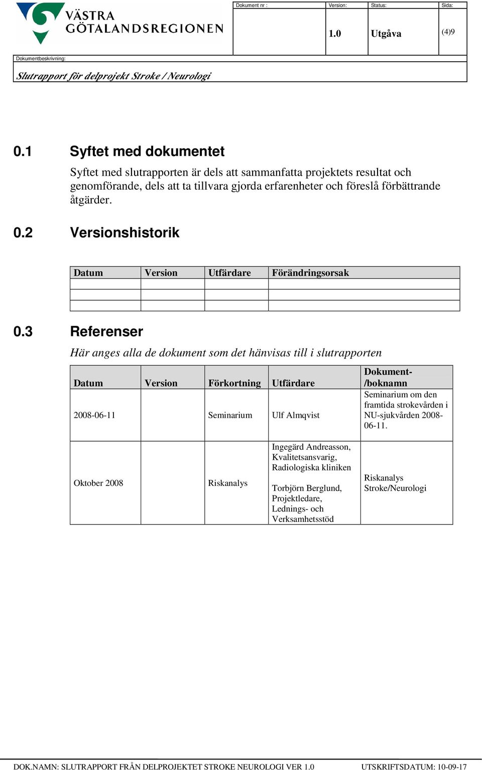 förbättrande åtgärder. 0.2 Versionshistorik Datum Version Utfärdare Förändringsorsak 0.