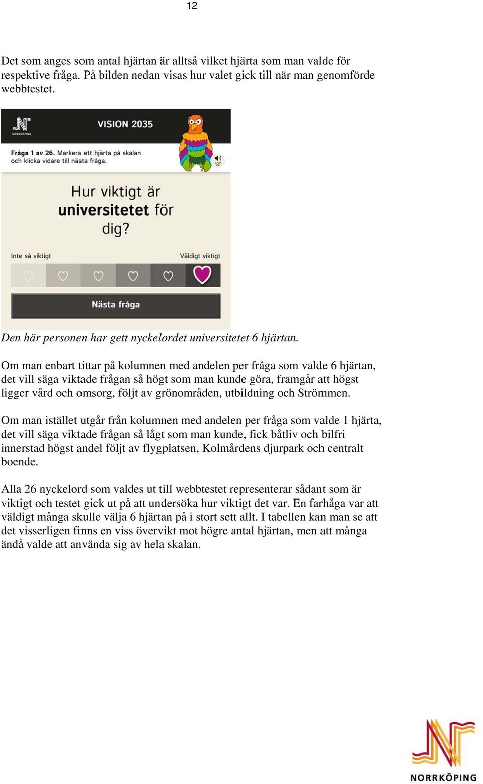 Om man enbart tittar på kolumnen med andelen per fråga som valde 6 hjärtan, det vill säga viktade frågan så högt som man kunde göra, framgår att högst ligger vård och omsorg, följt av grönområden,