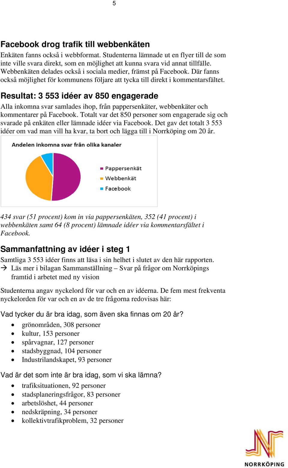 Resultat: 3 553 idéer av 850 engagerade Alla inkomna svar samlades ihop, från pappersenkäter, webbenkäter och kommentarer på Facebook.