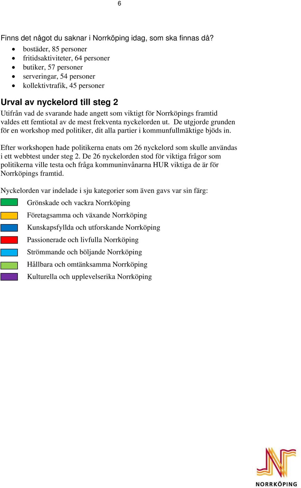 viktigt för Norrköpings framtid valdes ett femtiotal av de mest frekventa nyckelorden ut. De utgjorde grunden för en workshop med politiker, dit alla partier i kommunfullmäktige bjöds in.