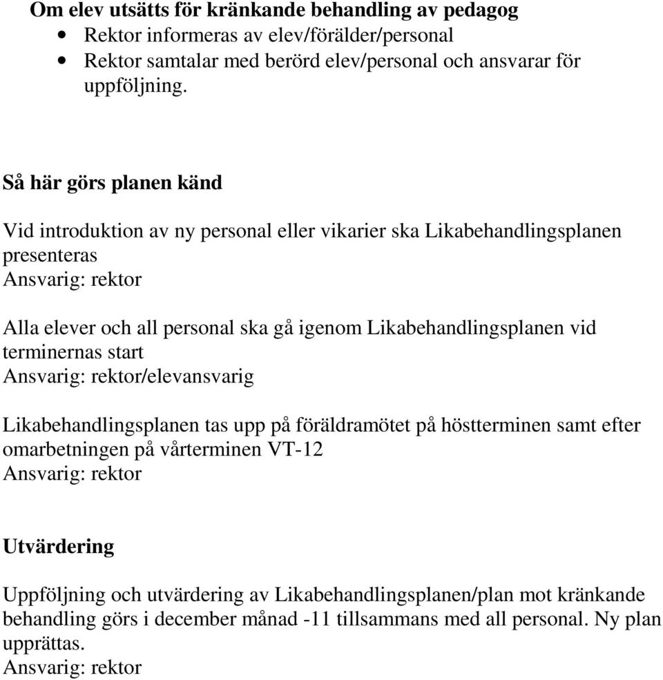 Likabehandlingsplanen vid terminernas start Ansvarig: rektor/elevansvarig Likabehandlingsplanen tas upp på föräldramötet på höstterminen samt efter omarbetningen på vårterminen