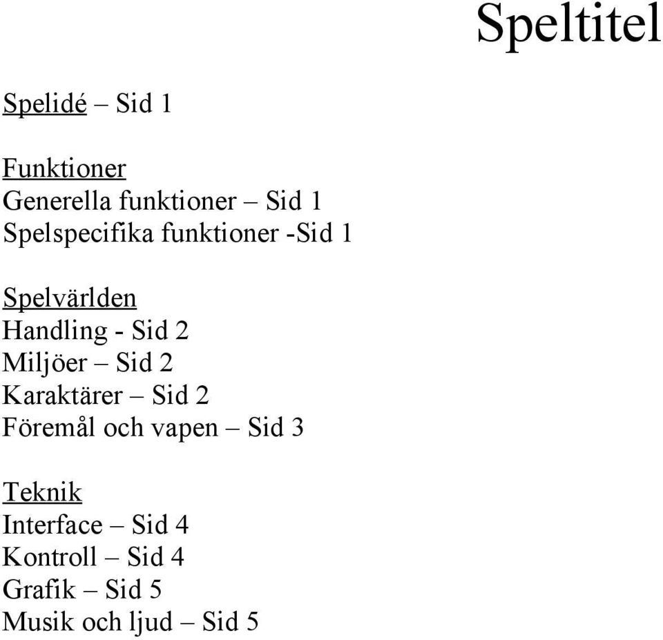 Miljöer Sid 2 Karaktärer Sid 2 Föremål och vapen Sid 3 Teknik