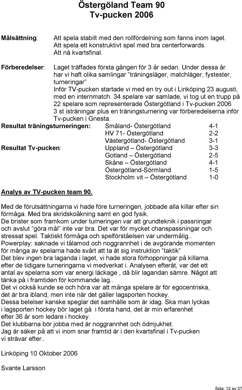 Under dessa år har vi haft olika samlingar träningsläger, matchläger, fystester, turneringar Inför TV-pucken startade vi med en try out i Linköping 23 augusti, med en internmatch.