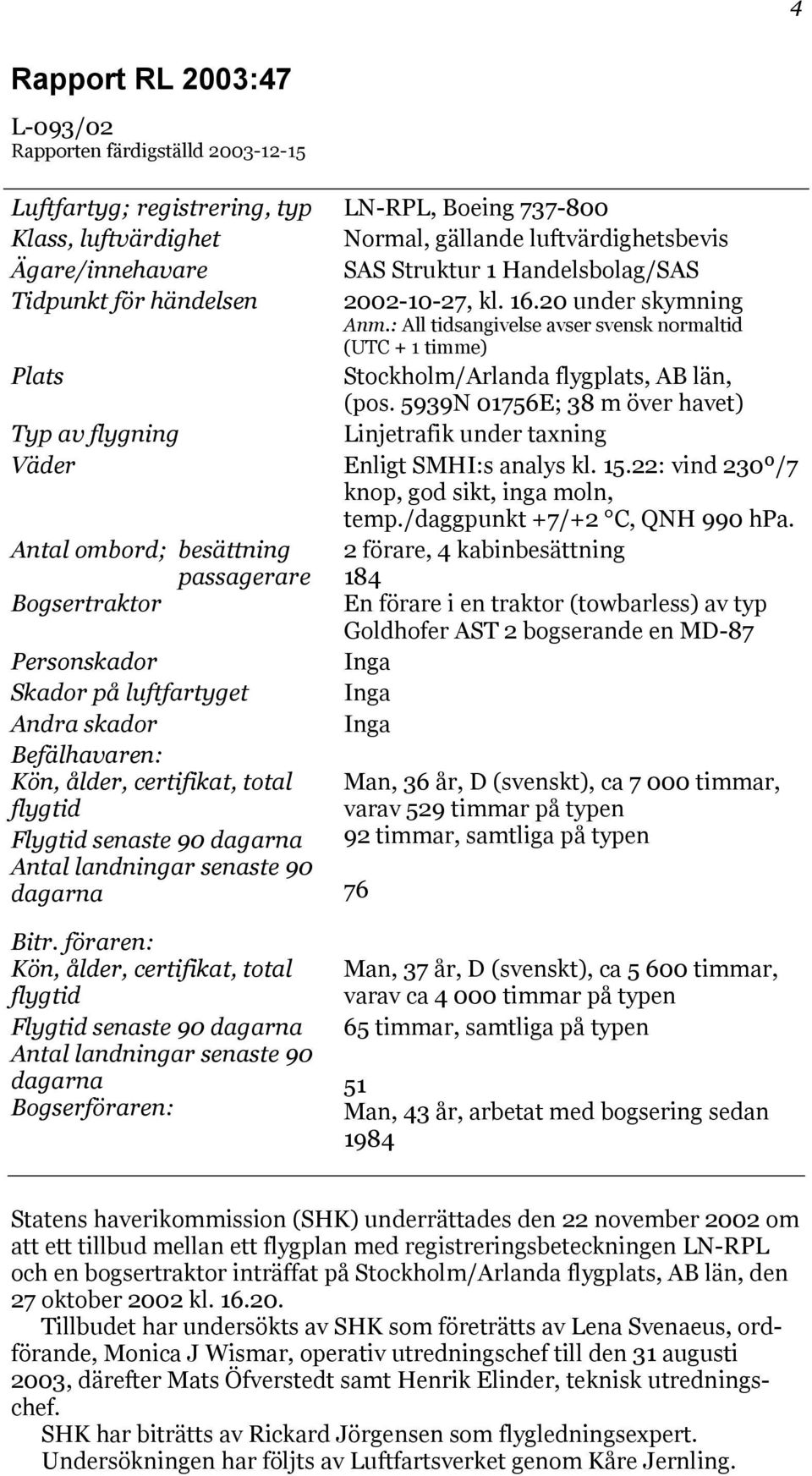 5939N 01756E; 38 m över havet) Typ av flygning Linjetrafik under taxning Väder Enligt SMHI:s analys kl. 15.22: vind 230º/7 knop, god sikt, inga moln, temp./daggpunkt +7/+2 C, QNH 990 hpa.