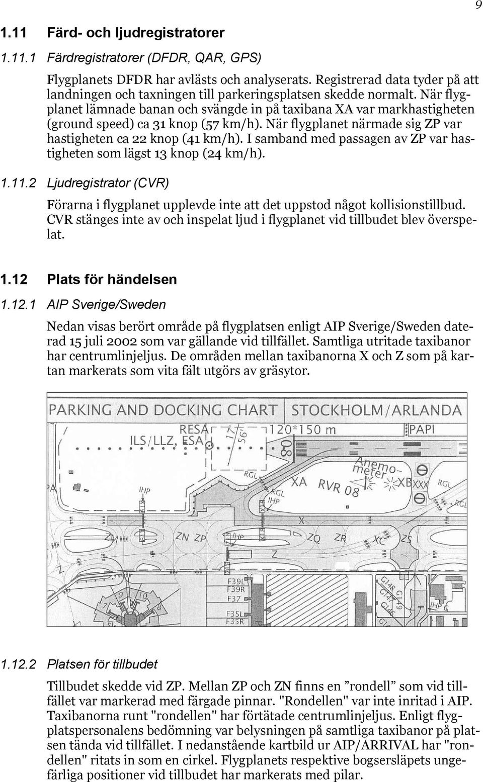 När flygplanet lämnade banan och svängde in på taxibana XA var markhastigheten (ground speed) ca 31 knop (57 km/h). När flygplanet närmade sig ZP var hastigheten ca 22 knop (41 km/h).