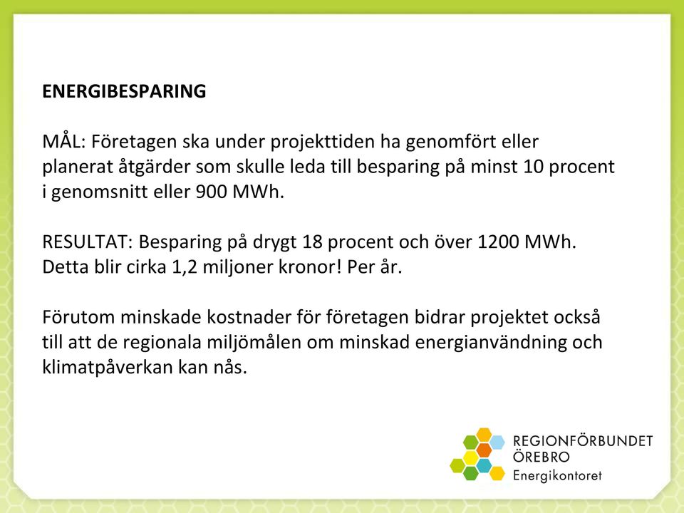 RESULTAT: Besparing på drygt 18 procent och över 1200 MWh. Detta blir cirka 1,2 miljoner kronor! Per år.