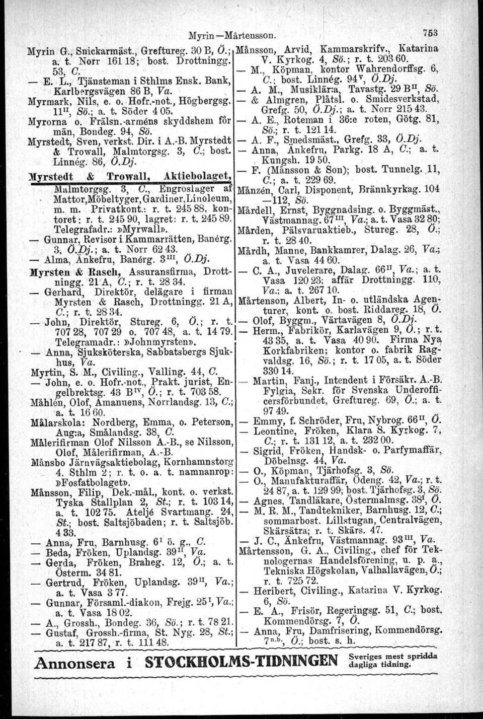 , Högbergsg. & Almgren, Plåts t. o. Smidesverkstad, Ull, So.; a. t. Söder 405.. Grefg. 50, Ö.Dj.; a. t.norr 21543. Myrorna o. Frälsn.iarmena skyddshem ror A. E., Roteman i 36:e roten, Götg. 81, män.