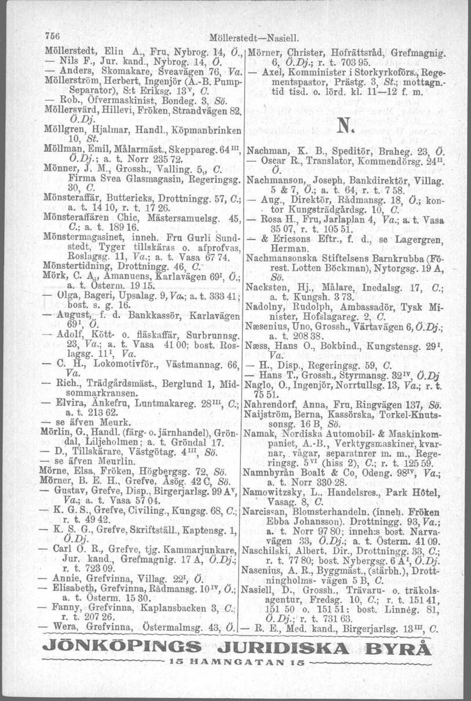 tid tisd, o. lärd. kl. 1112 f. m. Rob., Ofvermaskinist, Bondeg. 3, Sä. Möllersvärd, Hillevi, Fröken, Strandvägen 82. ~~ N Möllgren, Hjalmar, Hand!., Köpmanbrinken 10, St. Möllman, Emil, Målarmäst.