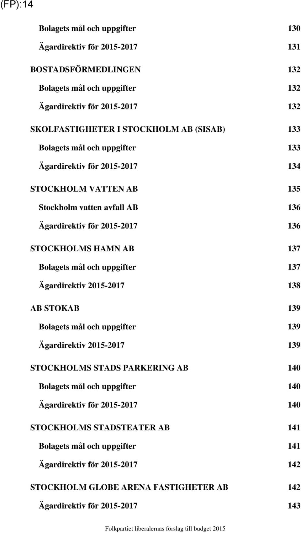 Bolagets mål och uppgifter 137 Ägardirektiv 2015-2017 138 AB STOKAB 139 Bolagets mål och uppgifter 139 Ägardirektiv 2015-2017 139 STOCKHOLMS STADS PARKERING AB 140 Bolagets mål och