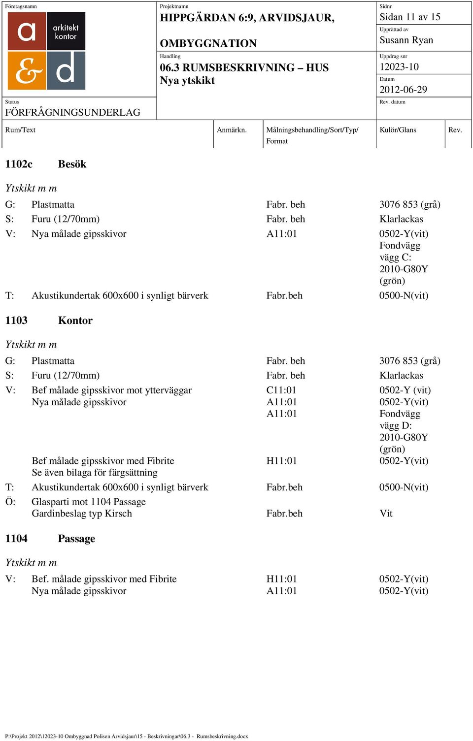 beh 3076 853 (grå) V: Bef målade gipsskivor mot ytterväggar Bef målade gipsskivor med Fibrite Se även bilaga för färgsättning H11:01 0502-Y (vit) Fondvägg vägg D: T: