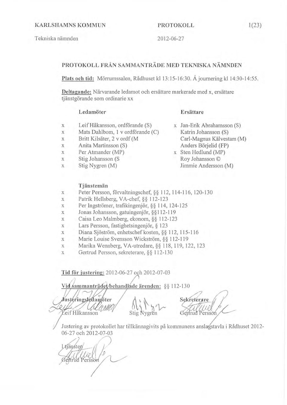 2 v rdf (M Anita Matiinssn (S) Per Atmander (MP) Stig Jhanssn (S Stig Nygren (M) Ersättare x Jan-Erik Abrahamssn (S) Katlin Jhanssn (S) Carl-Magnus Kälvestam (M) Anders Börjelid (FP) x Sten Hedlund