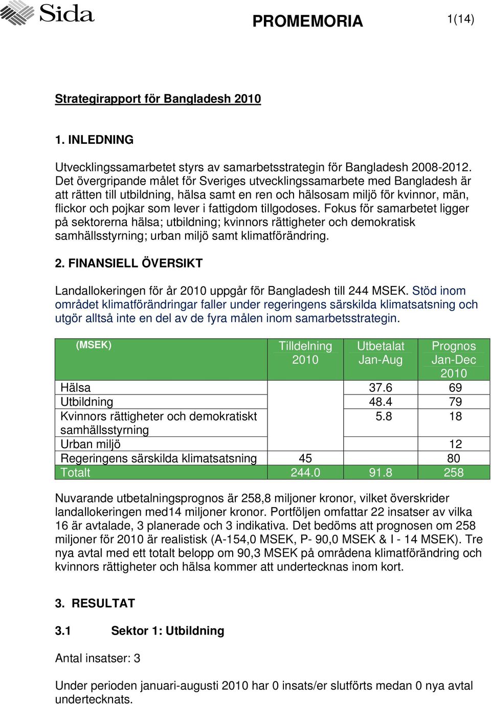 tillgodoses. Fokus för samarbetet ligger på sektorerna hälsa; utbildning; kvinnors rättigheter och demokratisk samhällsstyrning; urban miljö samt klimatförändring. 2.