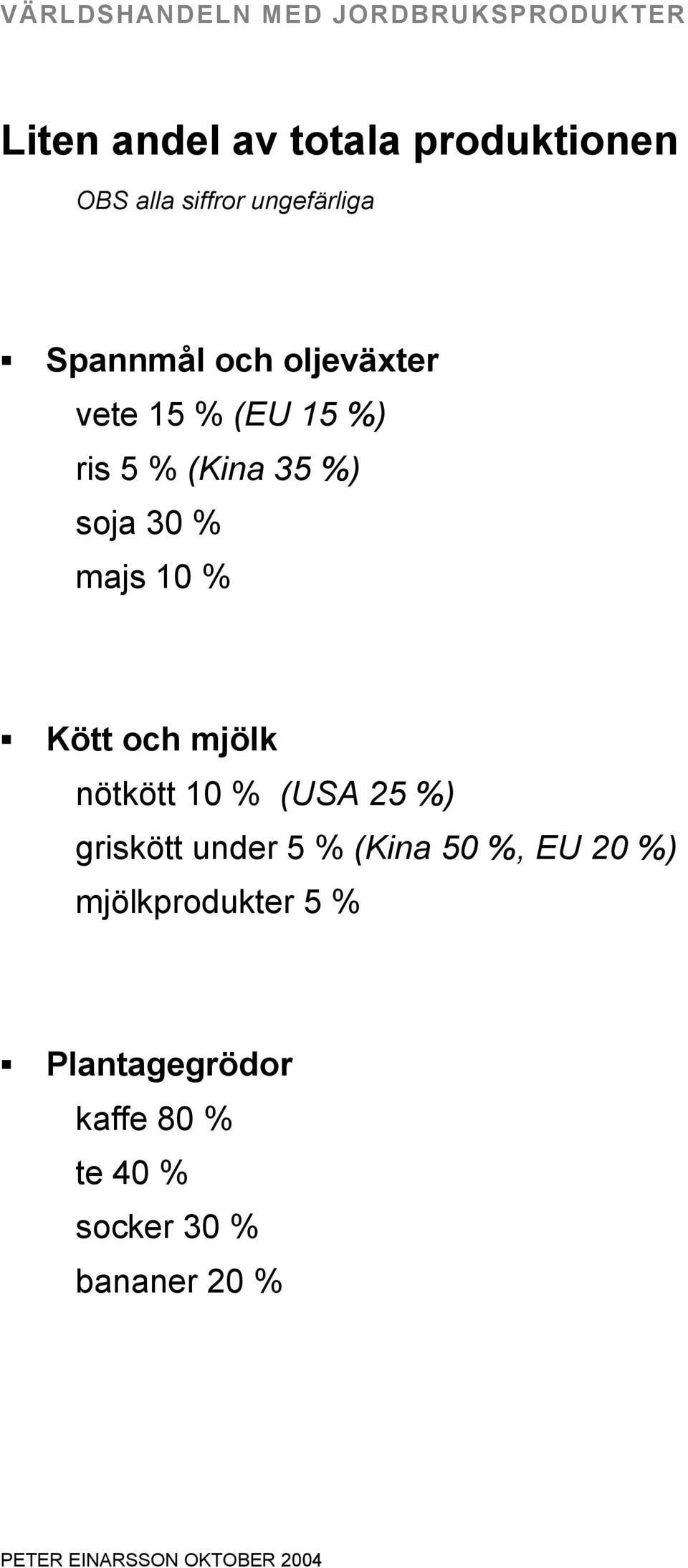 Kött och mjölk nötkött 10 % (USA 25 %) griskött under 5 % (Kina 50 %, EU 20