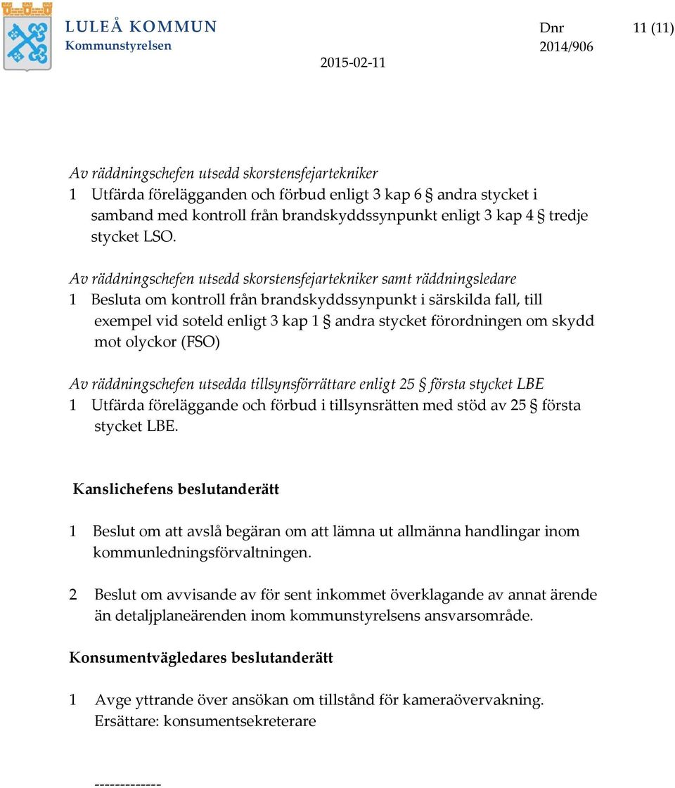 Av räddningschefen utsedd skorstensfejartekniker samt räddningsledare 1 Besluta om kontroll från brandskyddssynpunkt i särskilda fall, till exempel vid soteld enligt 3 kap 1 andra stycket