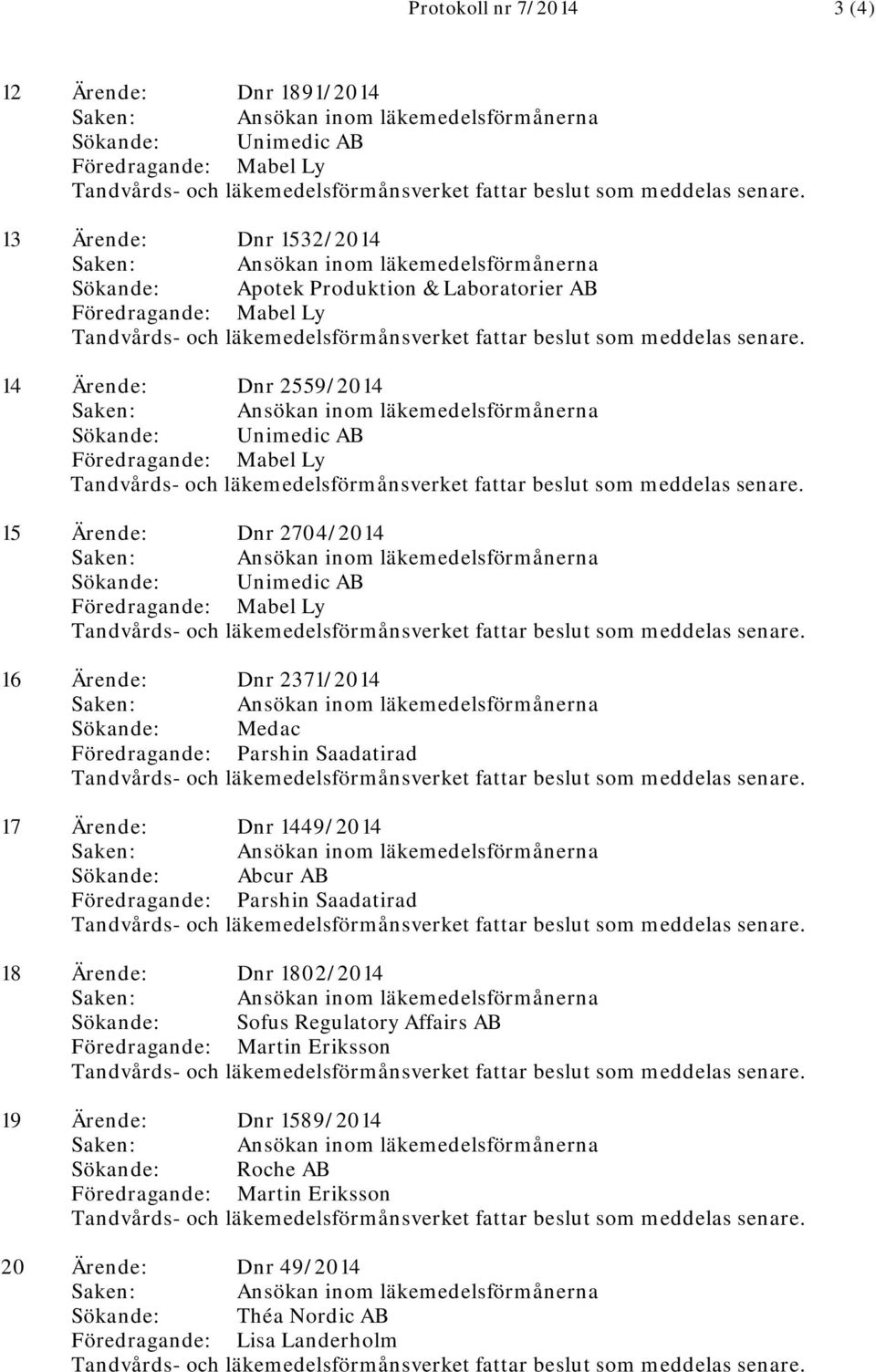 Sökande: Abcur AB Föredragande: Parshin Saadatirad 18 Ärende: Dnr 1802/2014 Sökande: Sofus Regulatory Affairs AB Föredragande: Martin