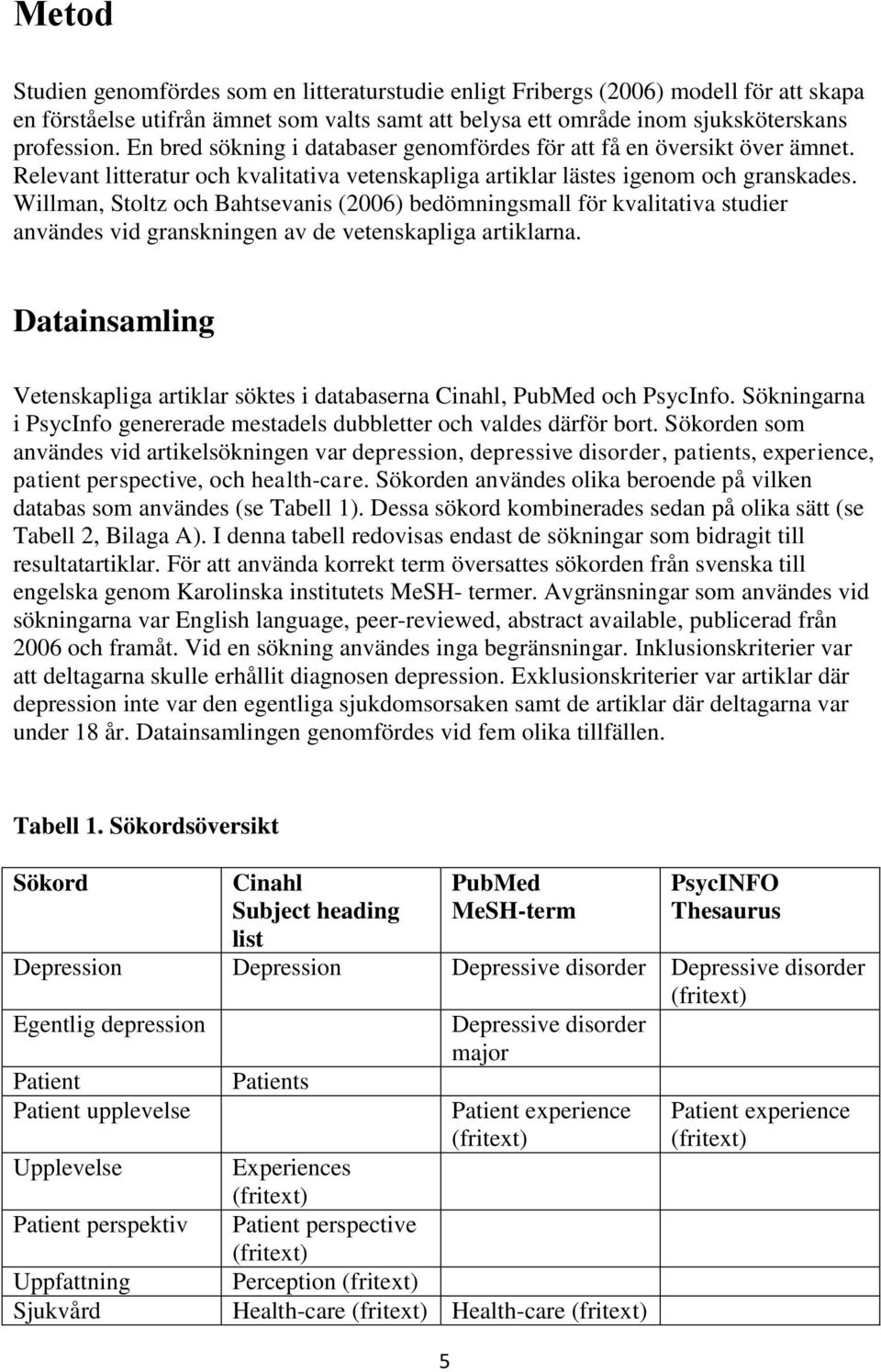 Willman, Stoltz och Bahtsevanis (2006) bedömningsmall för kvalitativa studier användes vid granskningen av de vetenskapliga artiklarna.