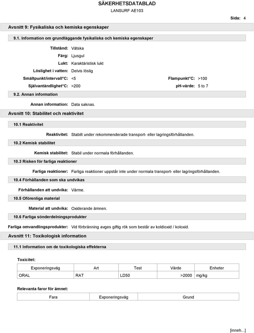 >100 Självantändlighet C: >200 ph-värde: 5 to 7 9.2. Annan information Annan information: Avsnitt 10: Stabilitet och reaktivitet 10.