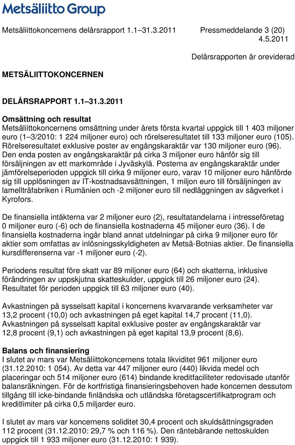uppgick till 1 403 miljoner euro (1 3/: 1 224 miljoner euro) och rörelseresultatet till 133 miljoner euro (105). Rörelseresultatet exklusive poster av engångskaraktär var 130 miljoner euro (96).