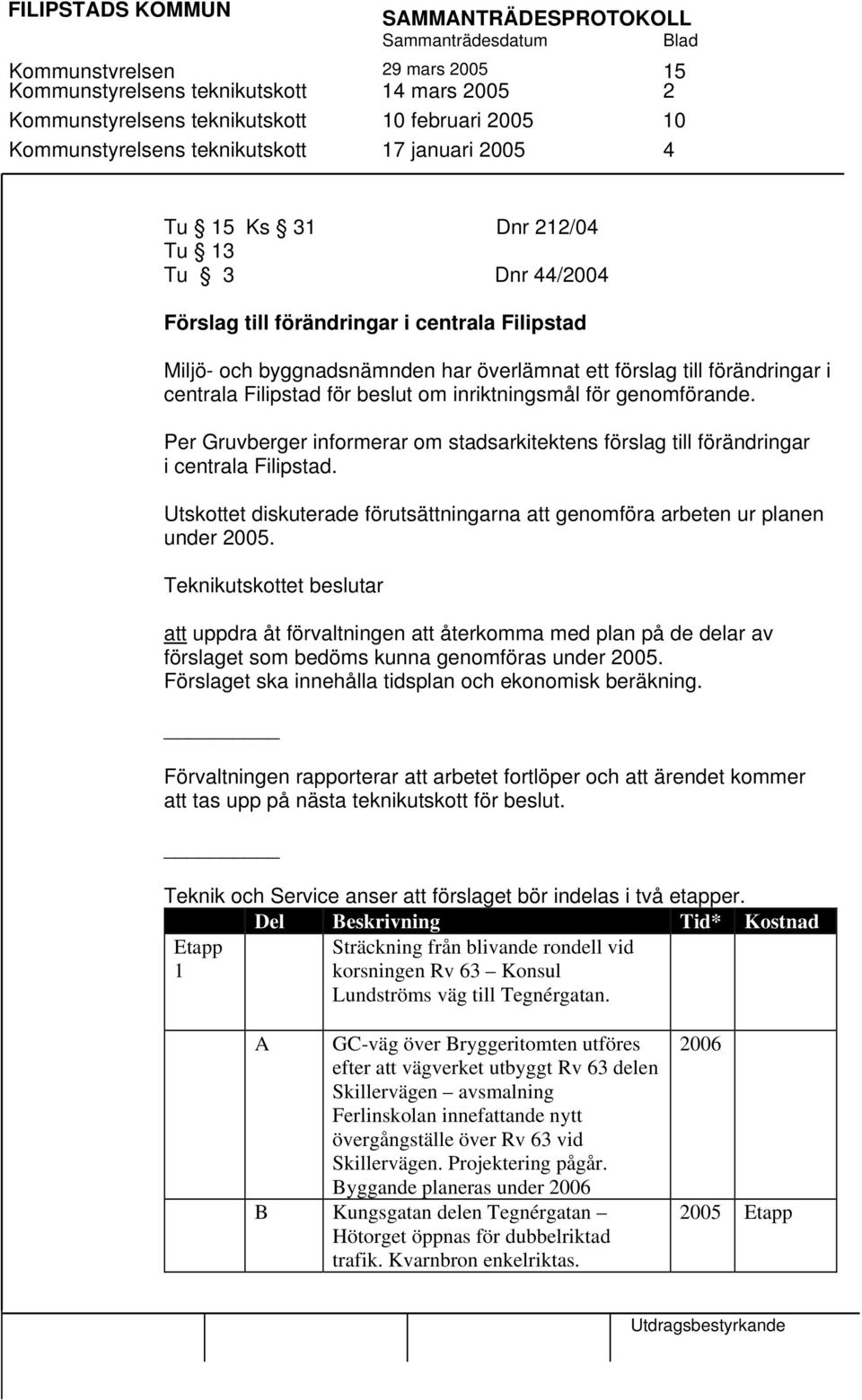 för genomförande. Per Gruvberger informerar om stadsarkitektens förslag till förändringar i centrala Filipstad. Utskottet diskuterade förutsättningarna att genomföra arbeten ur planen under 2005.