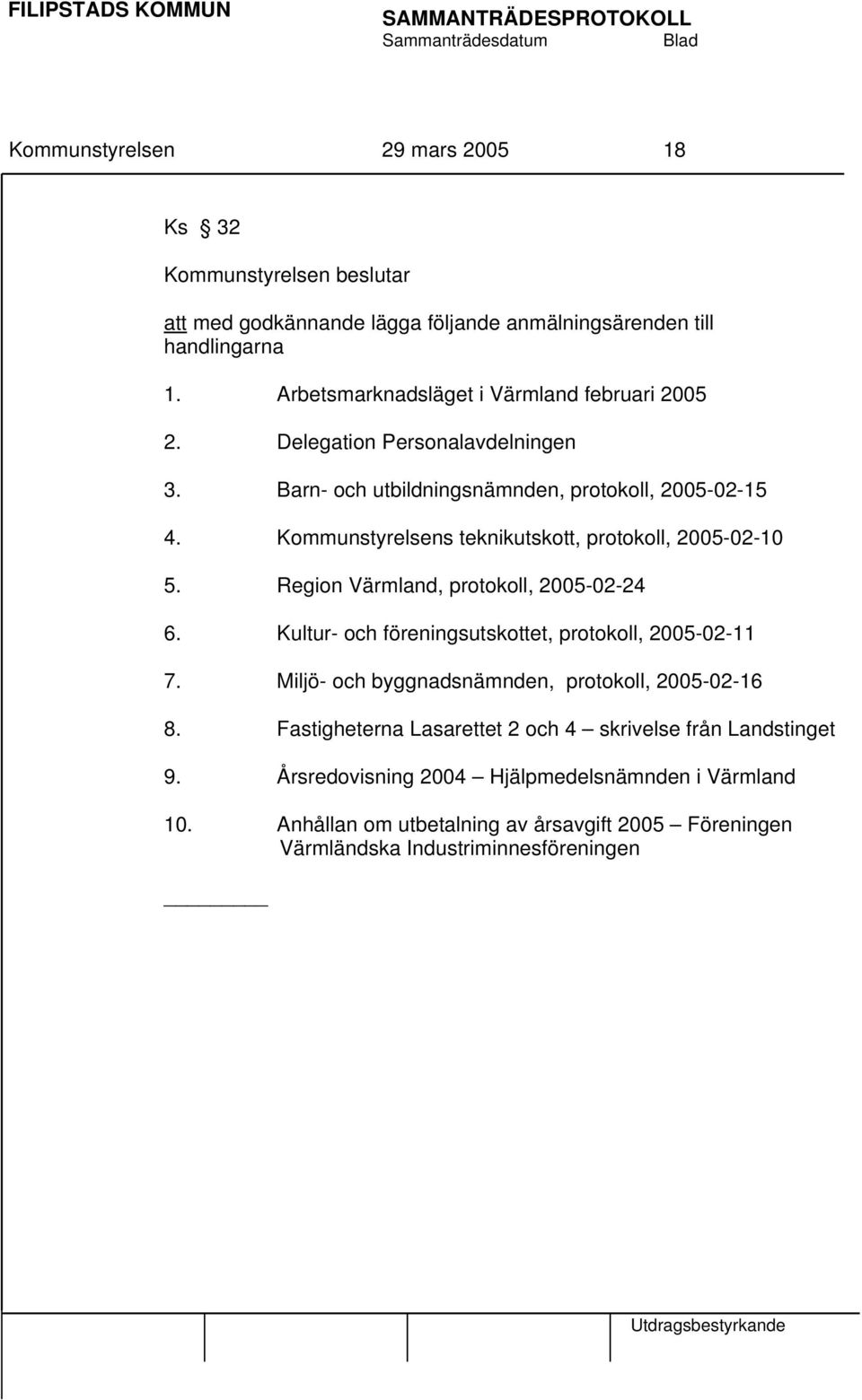 Kommunstyrelsens teknikutskott, protokoll, 2005-02-10 5. Region Värmland, protokoll, 2005-02-24 6. Kultur- och föreningsutskottet, protokoll, 2005-02-11 7.