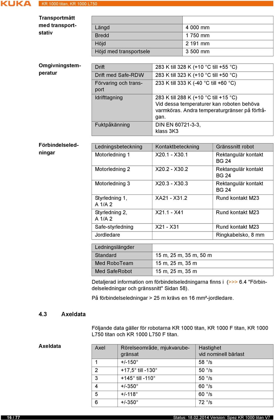 roboten behöva varmköras. Andra temperaturgränser på förfrågan. Fuktpåkänning DIN EN 60721-3-3, klass 3K3 Ledningsbeteckning Kontaktbeteckning Gränssnitt robot Motorledning 1 X20.1 - X30.