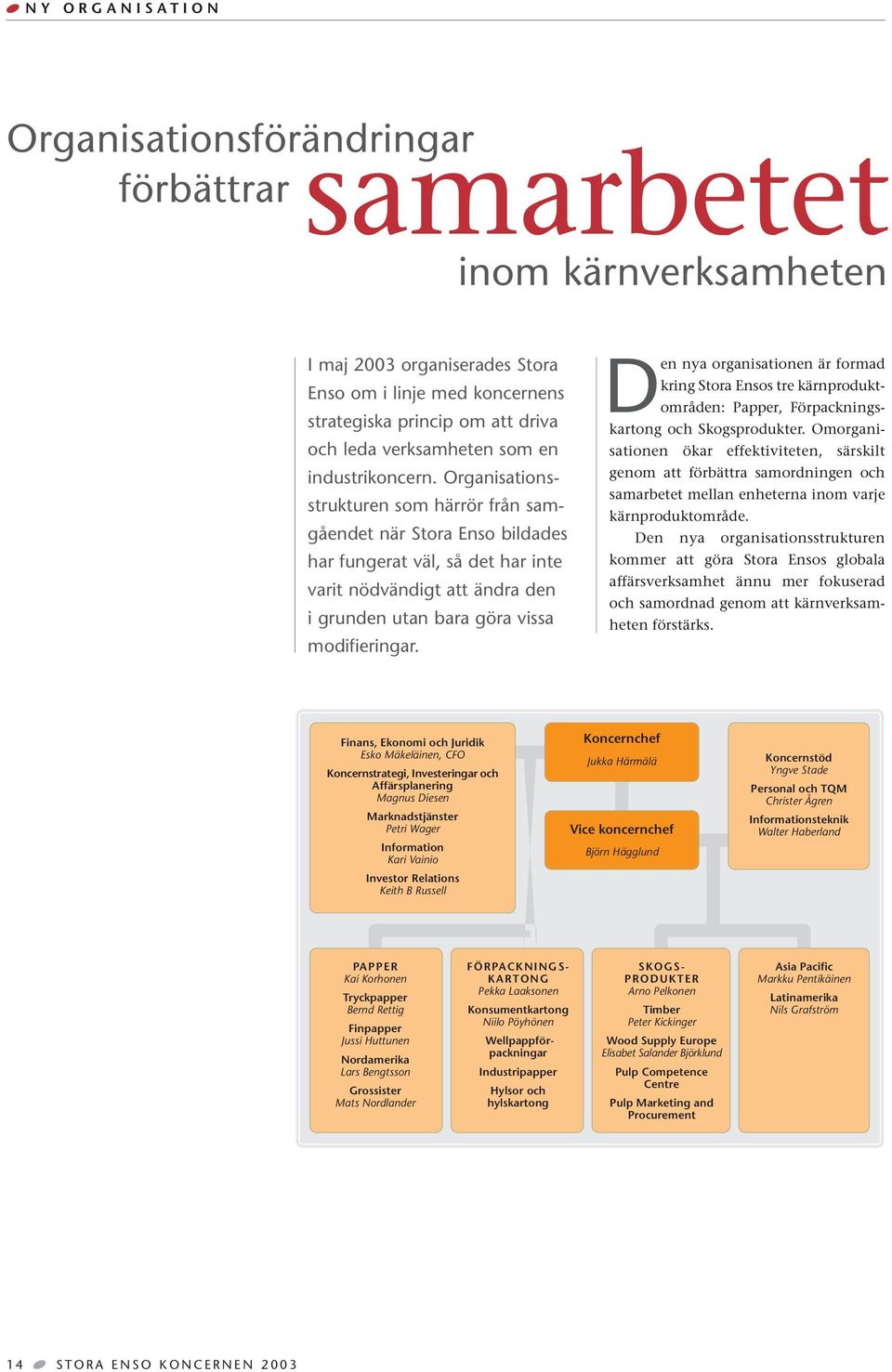 Organisationsstrukturen som härrör från samgåendet när Stora Enso bildades har fungerat väl, så det har inte varit nödvändigt att ändra den i grunden utan bara göra vissa modifieringar.