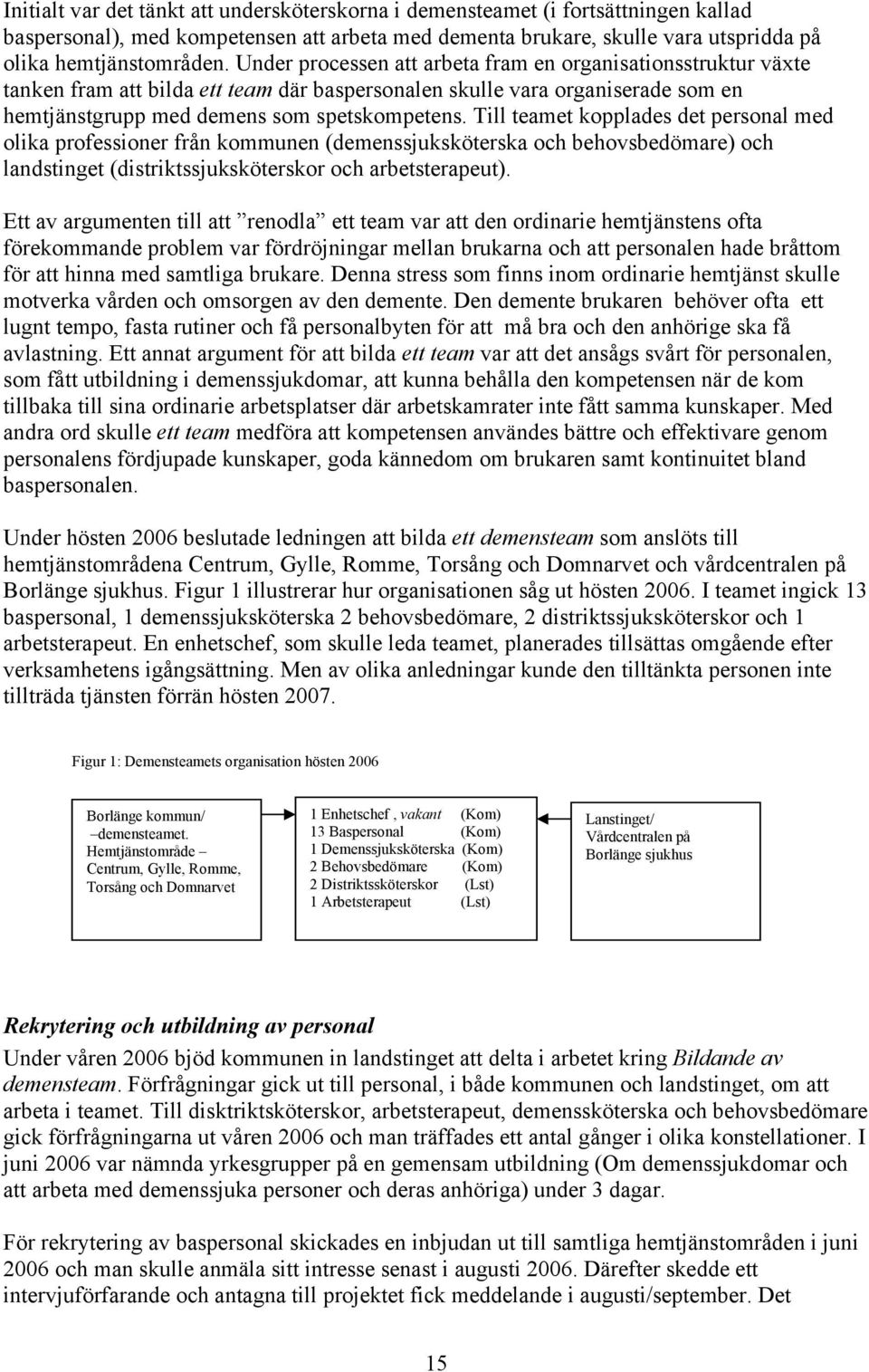 Till teamet kopplades det personal med olika professioner från kommunen (demenssjuksköterska och behovsbedömare) och landstinget (distriktssjuksköterskor och arbetsterapeut).