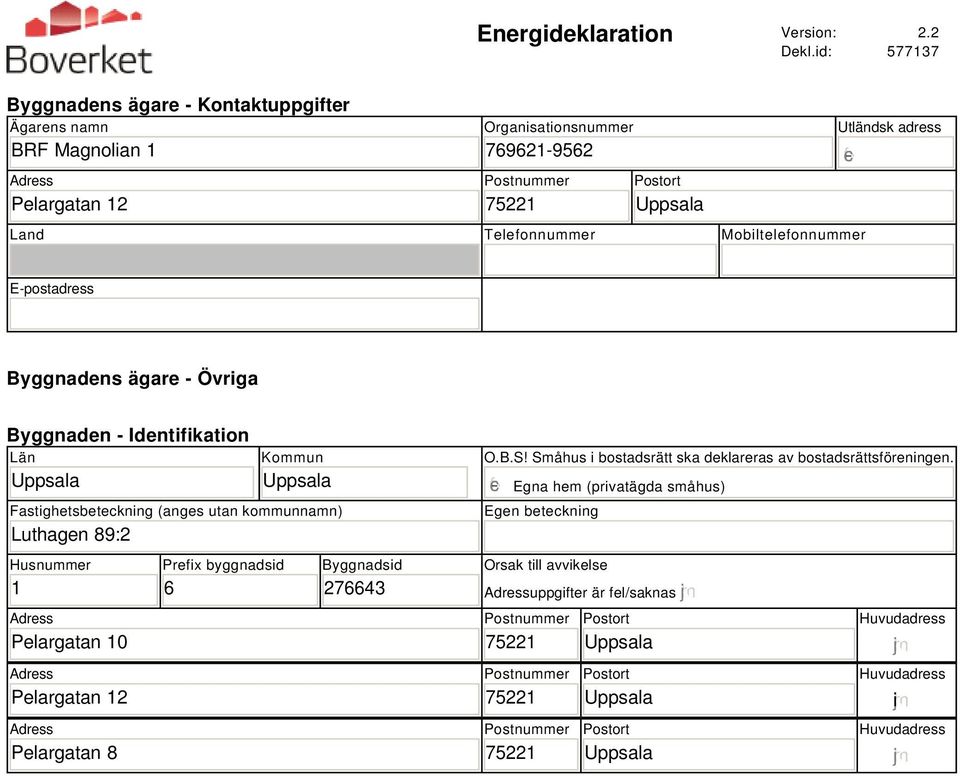 Mobiltelefonnummer E-postadress Byggnadens ägare - Övriga Byggnaden - Identifikation Län Kommun Fastighetsbeteckning (anges utan kommunnamn) Luthagen 89:2 O.B.S!