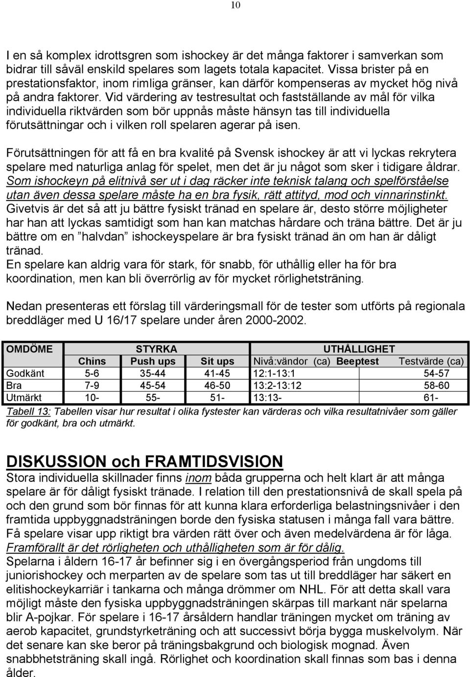 Vid värdering av testresultat och fastställande av mål för vilka individuella riktvärden som bör uppnås måste hänsyn tas till individuella förutsättningar och i vilken roll spelaren agerar på isen.