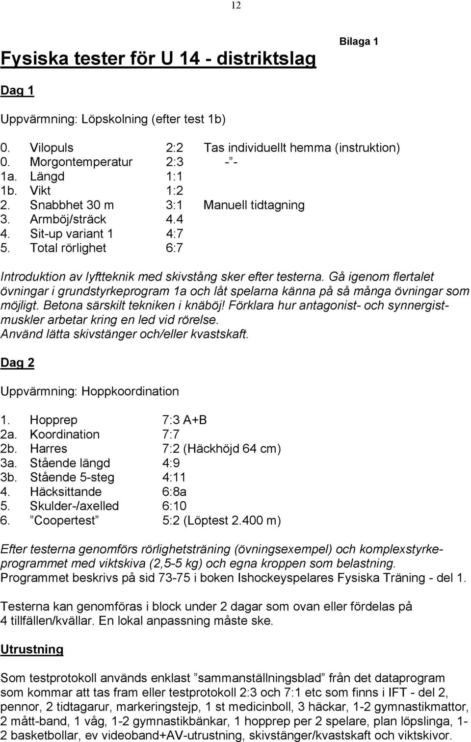 Gå igenom flertalet övningar i grundstyrkeprogram 1a och låt spelarna känna på så många övningar som möjligt. Betona särskilt tekniken i knäböj!