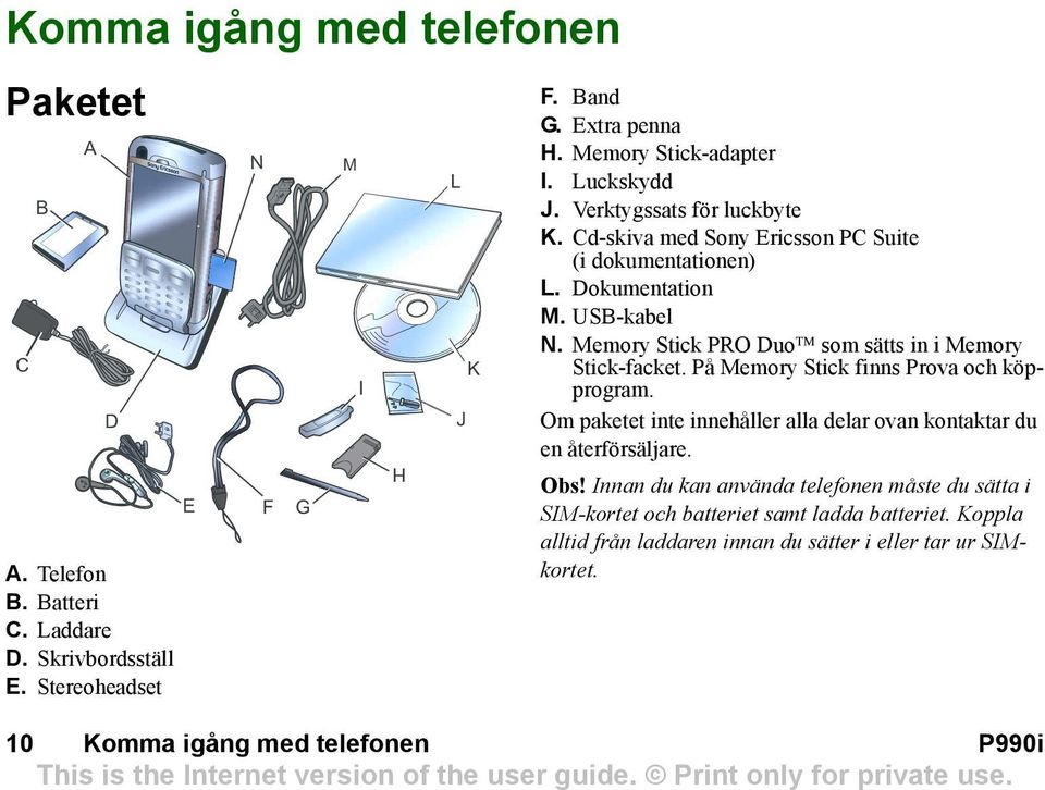 Memory Stick PRO Duo som sätts in i Memory Stick-facket. På Memory Stick finns Prova och köpprogram.