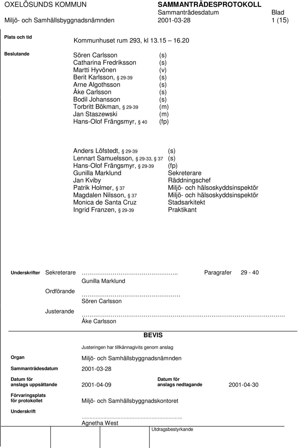 (m) (m) (fp) Anders Löfstedt, 29-39 Lennart Samuelsson, 29-33, 37 Hans-Olof Frängsmyr, 29-39 Gunilla Marklund Jan Kviby Patrik Holmer, 37 Magdalen Nilsson, 37 Monica de Santa Cruz Ingrid Franzen,