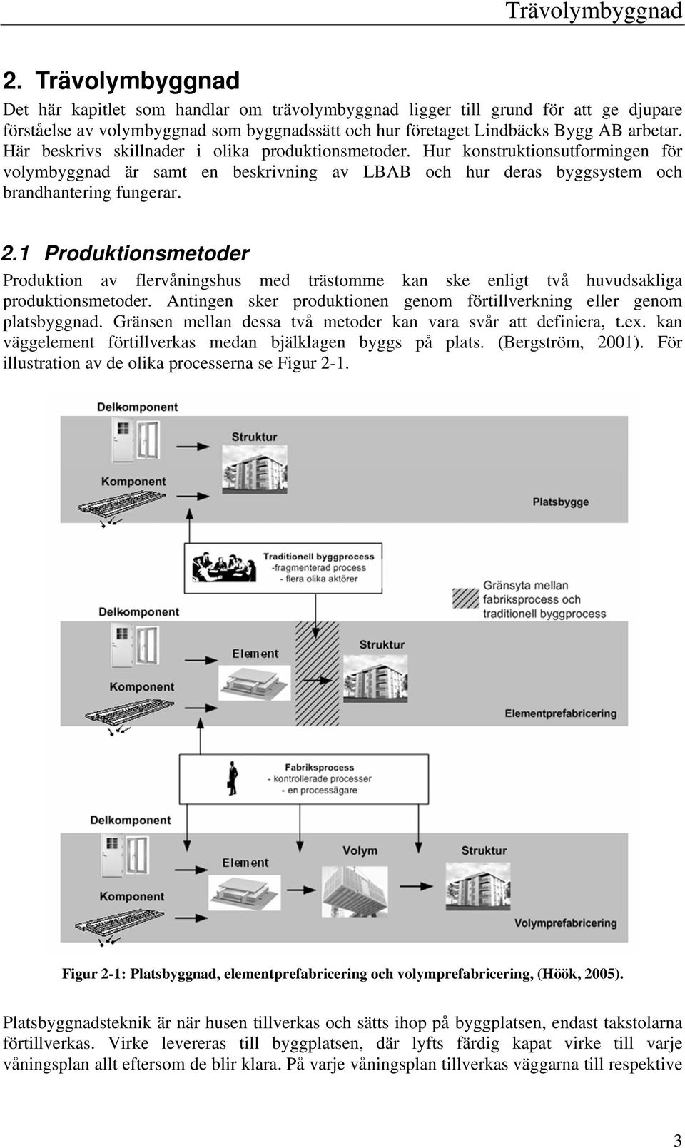 Här beskrivs skillnader i olika produktionsmetoder. Hur konstruktionsutformingen för volymbyggnad är samt en beskrivning av LBAB och hur deras byggsystem och brandhantering fungerar. 2.