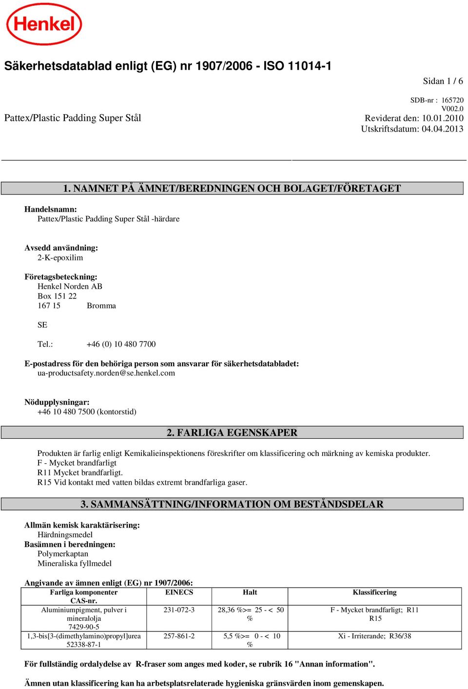 SE Tel.: +46 (0) 10 480 7700 E-postadress för den behöriga person som ansvarar för säkerhetsdatabladet: ua-productsafety.norden@se.henkel.com Nödupplysningar: +46 10 480 7500 (kontorstid) 2.