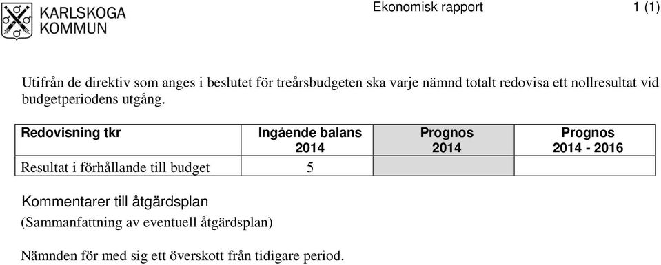 Redovisning tkr Ingående balans 2014 Resultat i förhållande till budget 5 Kommentarer till