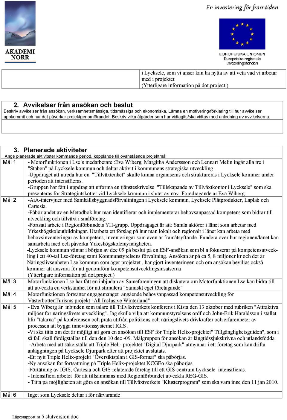 Planerade aktiviteter Ange planerade aktiviteter kommande period, kopplande till ovanstående projektmål Mål 1 Mål 2 Mål 3 Mål 4 Mål 5 - Motorfunktionen i Lse s medarbetare :Eva Wiberg, Margitha