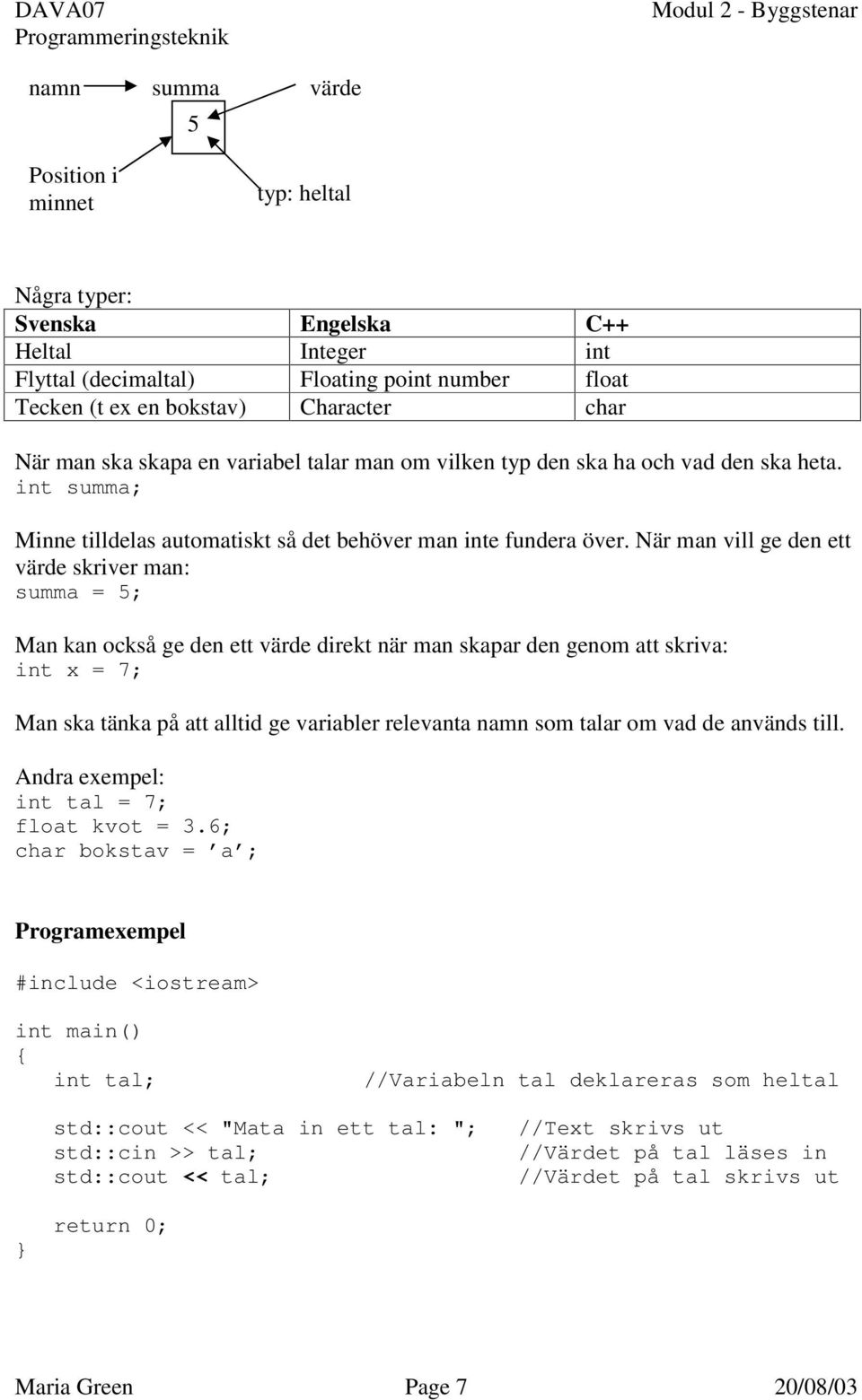 När man vill ge den ett värde skriver man: summa = 5; Man kan också ge den ett värde direkt när man skapar den genom att skriva: int x = 7; Man ska tänka på att alltid ge variabler relevanta namn som